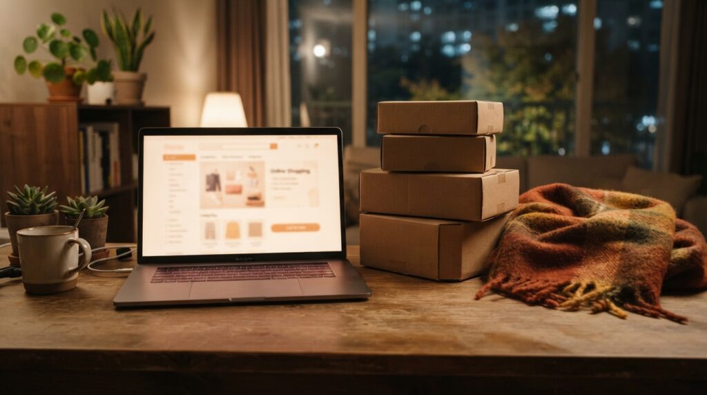 가을 환절기 이커머스 프로모션을 상징하는 온라인 쇼핑 배송 박스 이미지