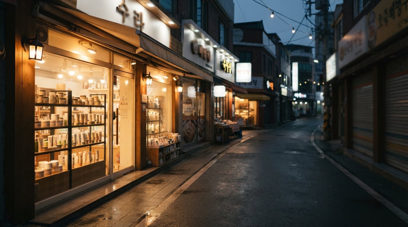 저녁 무렵 불이 켜진 지방 도시 상점가의 화장품 가게 쇼윈도